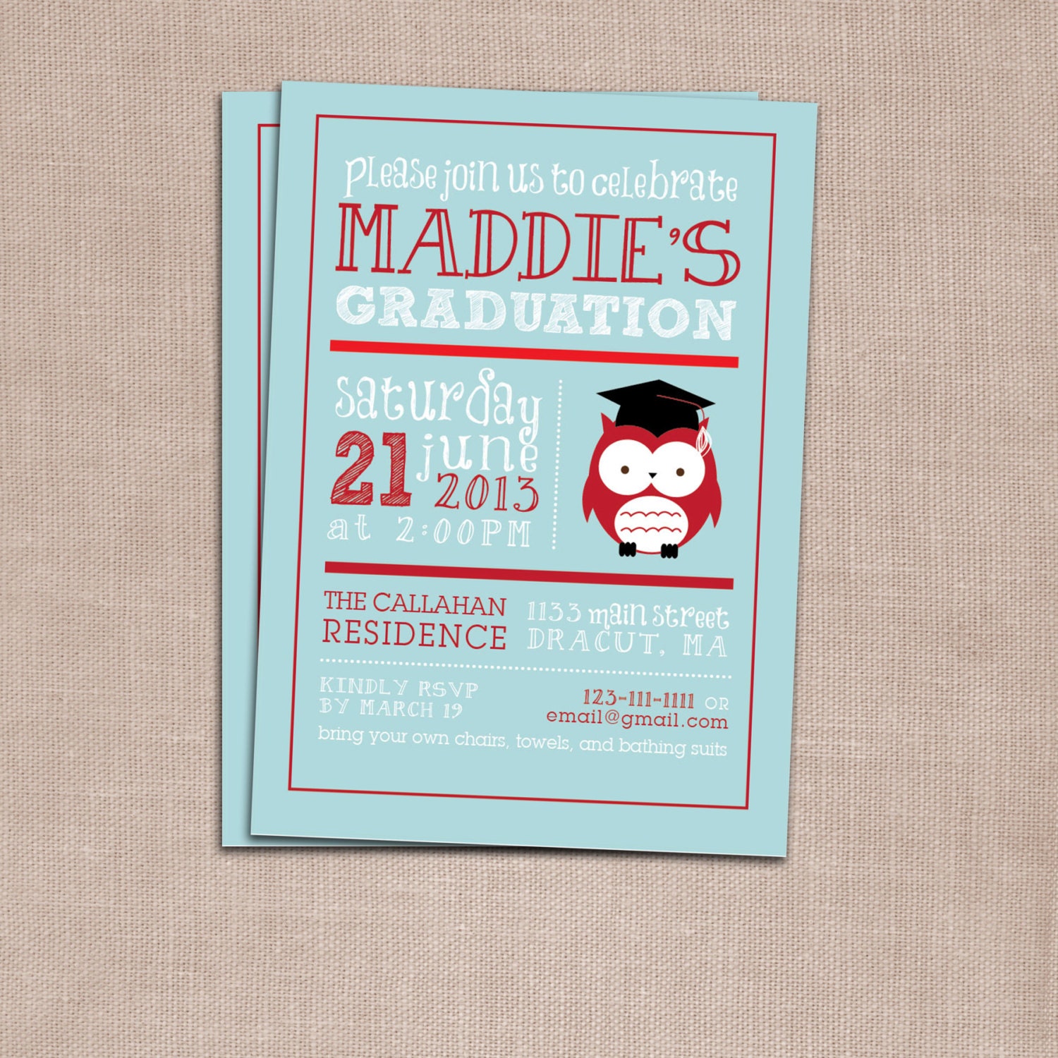 Graduation invitation poster art custom color owl DIY printable