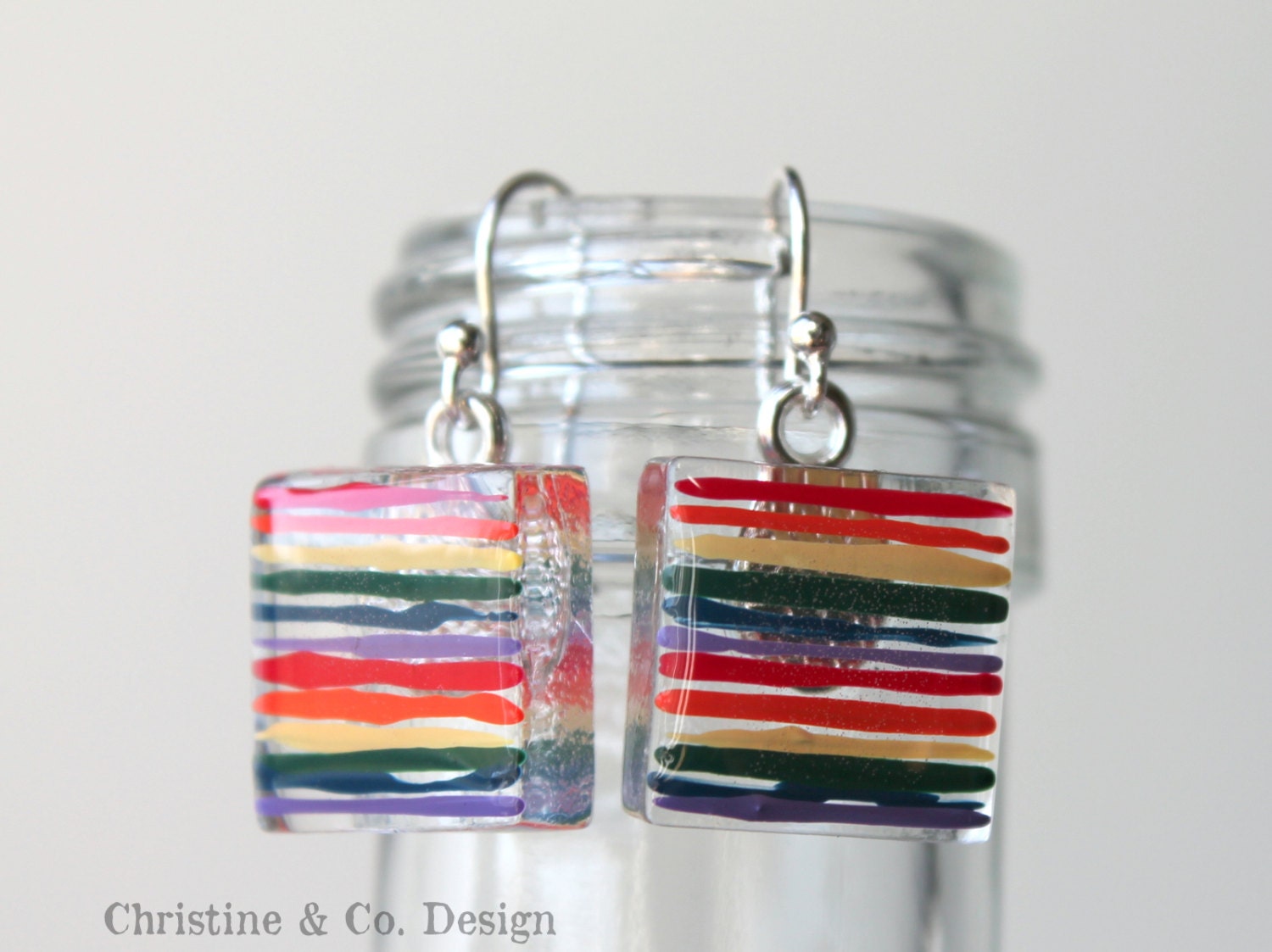 Painted Rainbow Square Glass Dangle Earrings