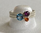 Sterling Silver Stacking Rings Trio, London Blue Topaz, Garnet and Fire Citrine Stones, US Ring Size 6