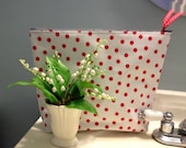 Large Waterproof Cosmetic Bag or Wet Bag of Oilcloth in Red Polka Dots with Black Toile Interior