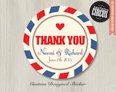 100 Custom Wedding Stickers - Air Mail Vintage Post Thank You Favor Labels - 2 inch round