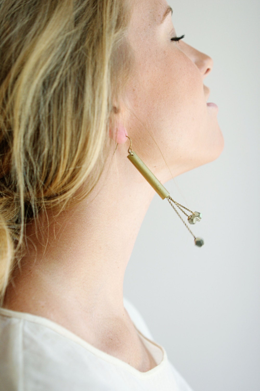 Faceted Pyrite and Vintage Brass Fringe Earrings