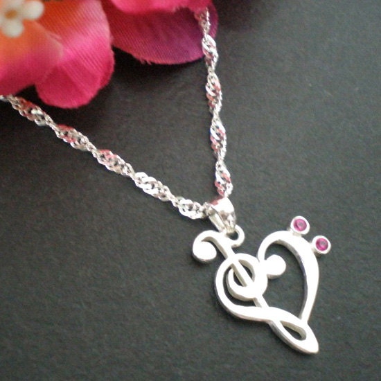 Treble & Bass Clef Heart Necklace - Sterling Silver - Heart Music Note Necklace Pendant