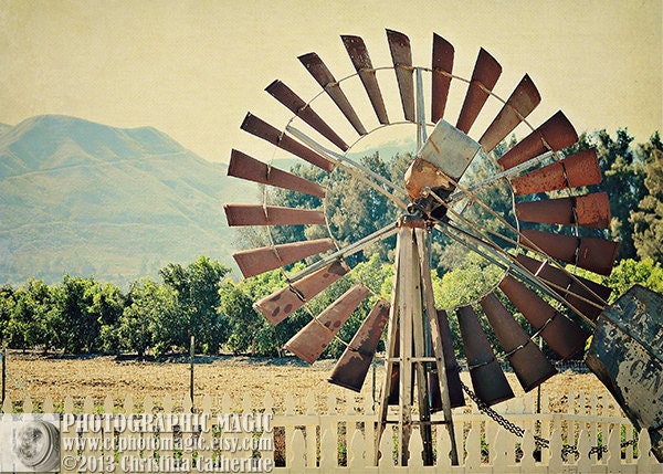 WINDMILL - digital high resolution file - fine art landscape photography - rural country afternoon rustic old farm windmill fence