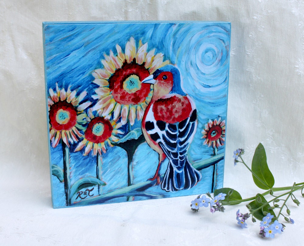 Barn Swallow & Sunflowers, 5.875" x 5.875" by .875" Print On WOOD BLOCK - bird art, flower art, sunflower art, blue birds, blue and orange