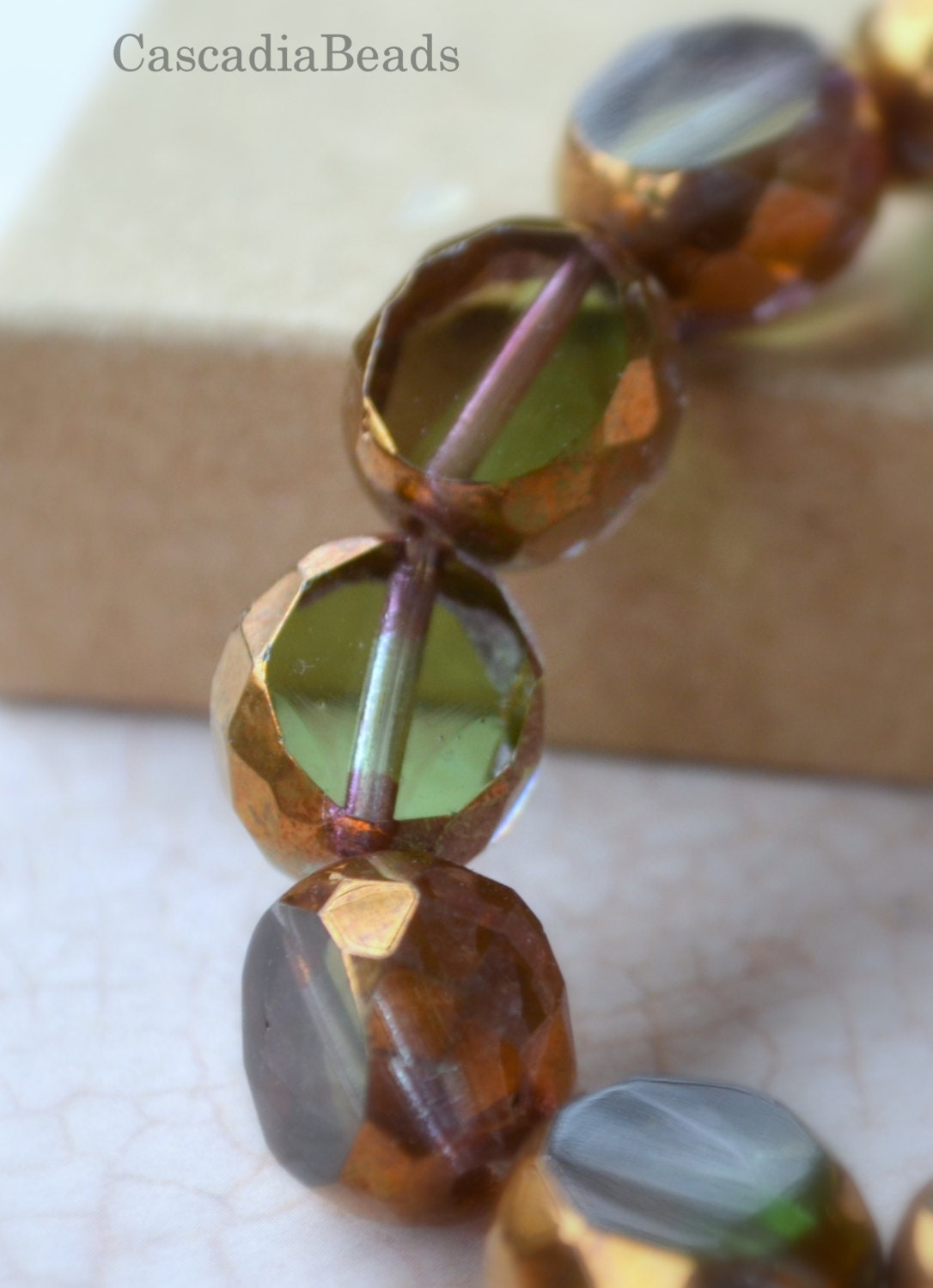 Czech Glass Bead - 2 Sided Table Cut Round - Cat's Eye Green - Bronze Picasso 6 - 12mm (cab-631)