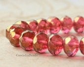 Czech Glass Bead - Picasso - Pink Fuchsia  - 10 - Gold Picasso -  Faceted Rondell 6x8mm (cab-668)