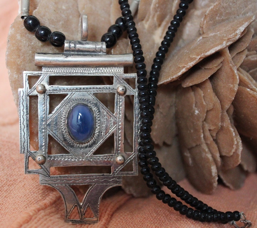 Tuareg Amulet with Blue Agath, made of Tuareg Silver, Tifinagh Inscription