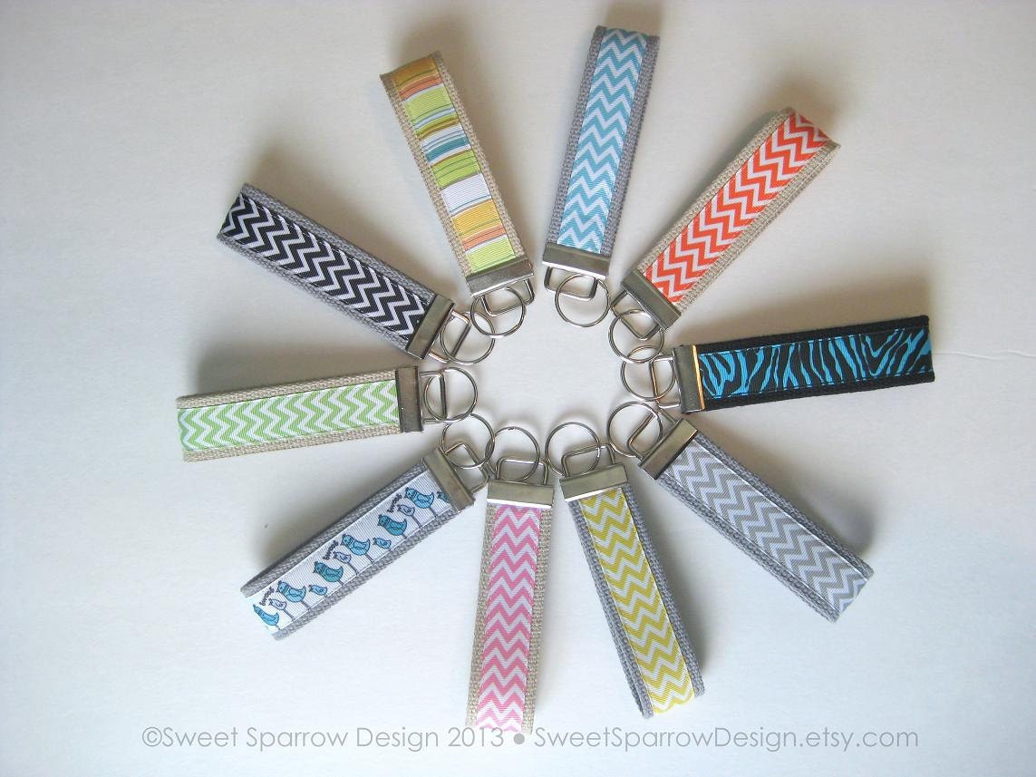 Wristlet Keychain KEY FOB WRIST Key Chain, Mom On the Go, Chevron Stripes Zebra Birds