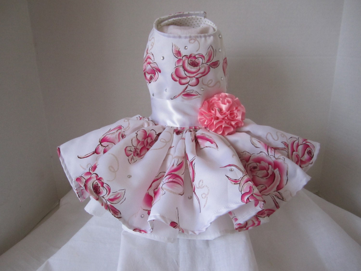 Dog Dress  XS White with Pink/ Glitter  Roses    Swarovski Crystals  By Nina's Couture Closet "Exclusive  Line Bella "
