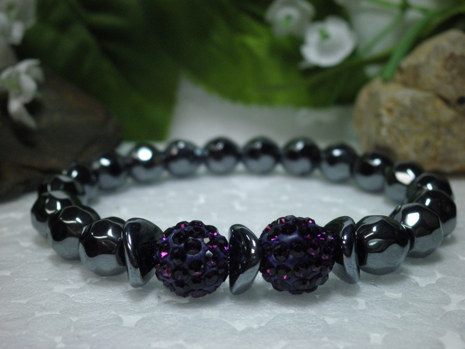 Hematite And Purple Crystal Bracelet