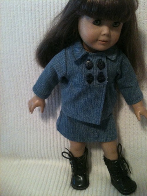 18 inch doll (modeled by American Girl) Denim Pea Jacket, skirts, top and purse matching set