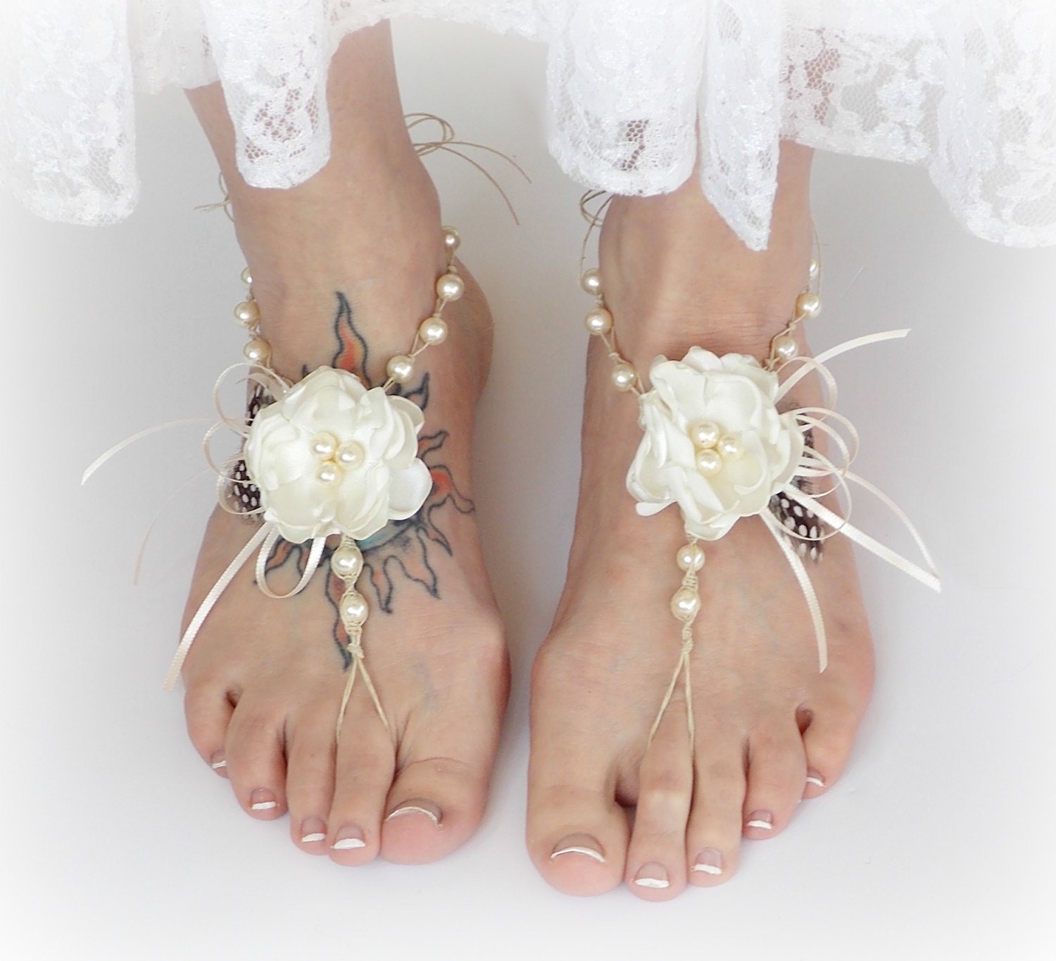 Rustic Wedding Photo Prop Barefoot Sandals Anklet Jewelry Wedding Sandals Floral White Guinea Feathers