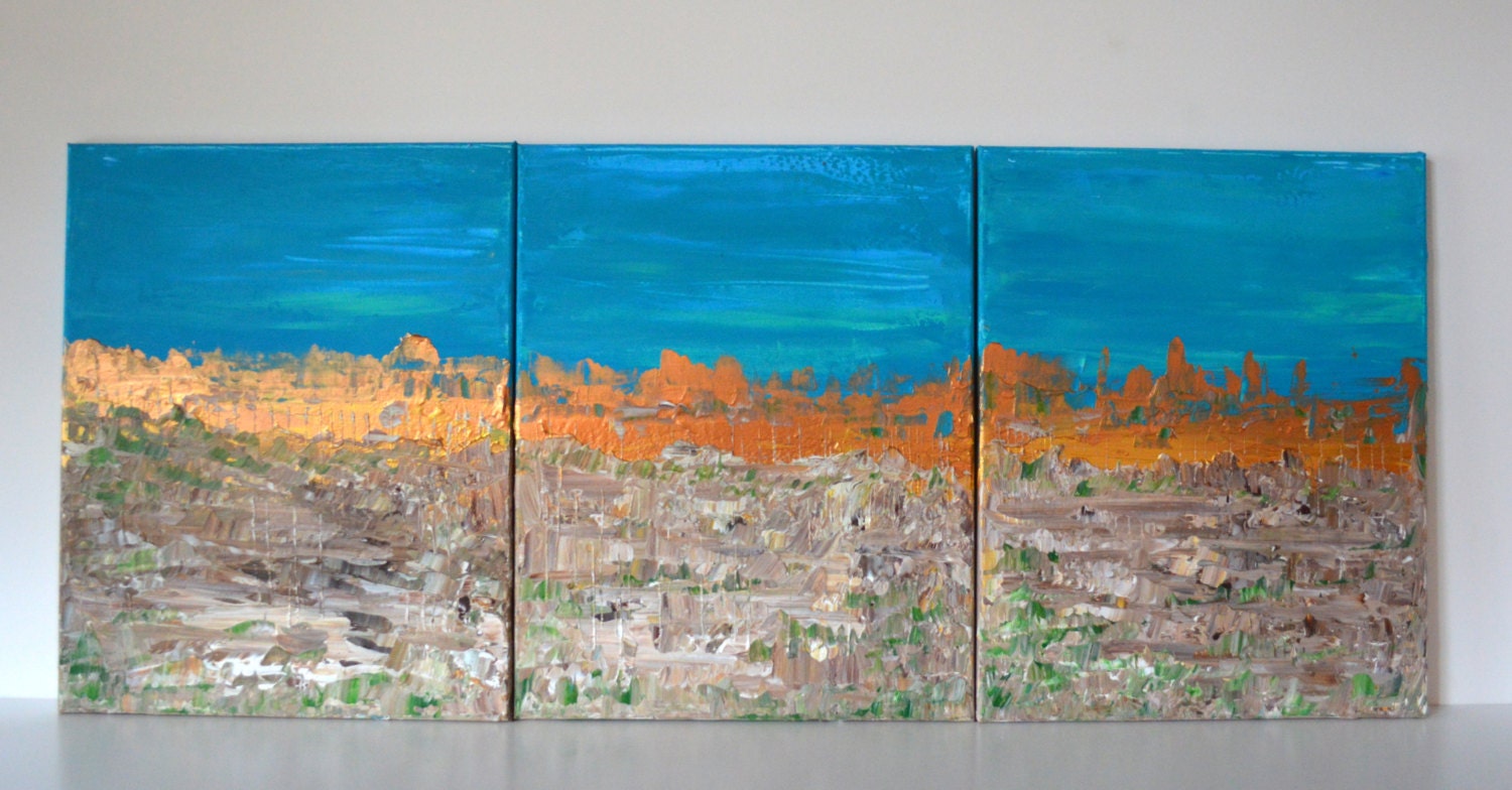20x48 Abstract Desert Art, Gold, Teal, Blue, Landscape by MyImaginationIsYours
