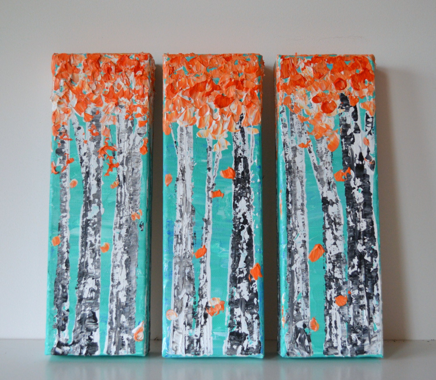 Orange Coral Teal Sky Autumn Aspen Tree Triptych 12x12 Textured Multi Panel by MyImaginationIsYours