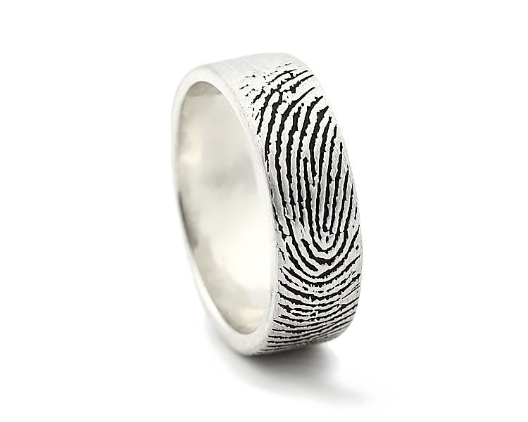 Custom Fingerprint Ring - Sterling Silver Engraving Wedding Band- satin, antique blackened,6mm