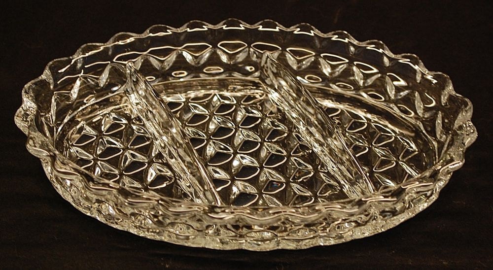 Vintage "AMERICAN" crystal 3 part relish by the Fostoria Glass Co., ca 1933-44