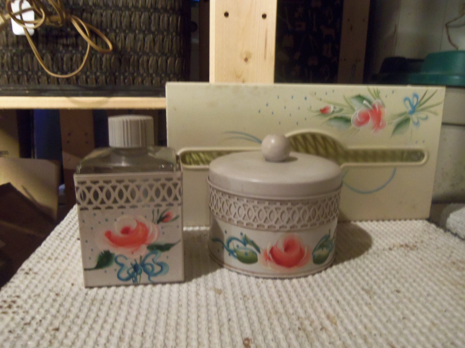 Three piece tole ware tin Vanity set Pink Roses Blue Ribbons jar bottle tissue box