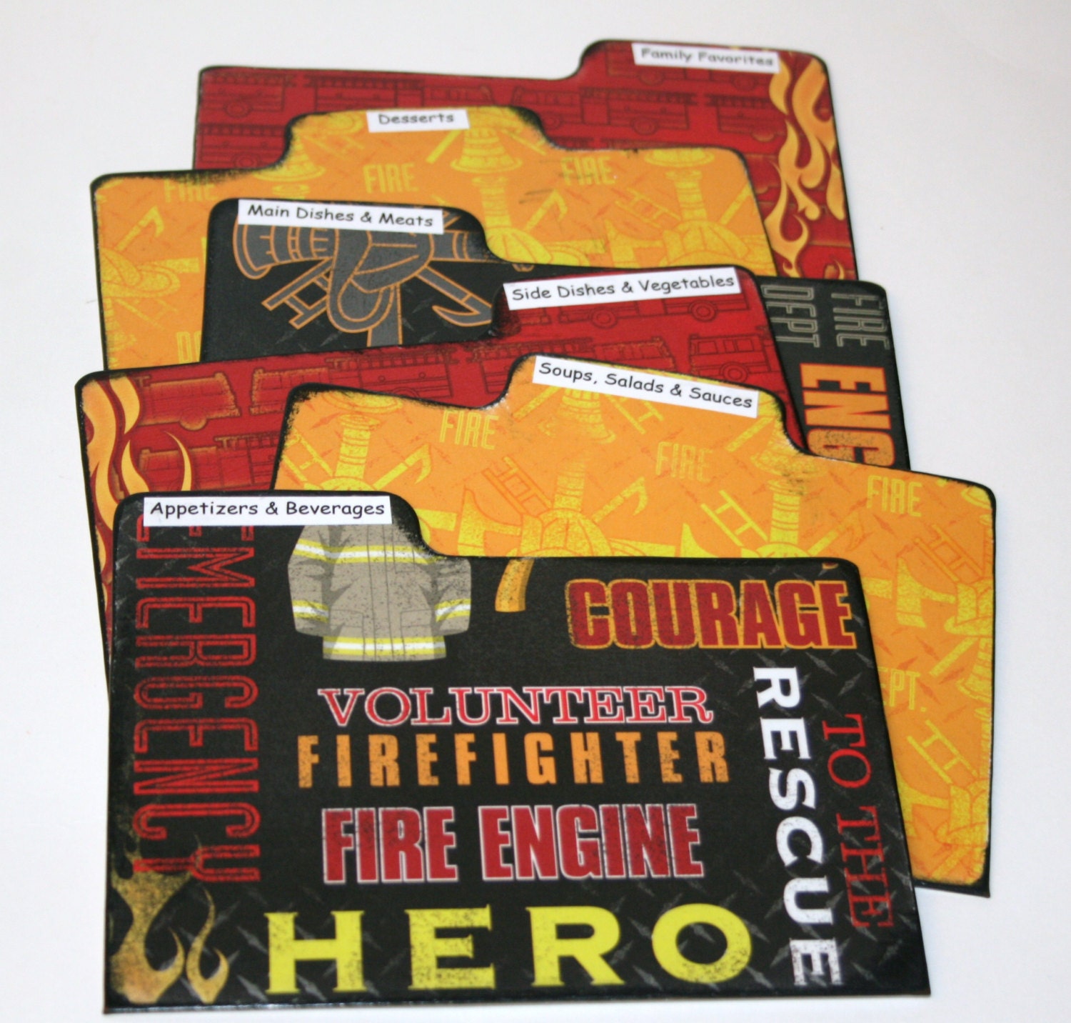 Divider Cards of Formica - Set of 6 Fireman Red Black and Yellow Custom 4x6 Recipe Divider Cards