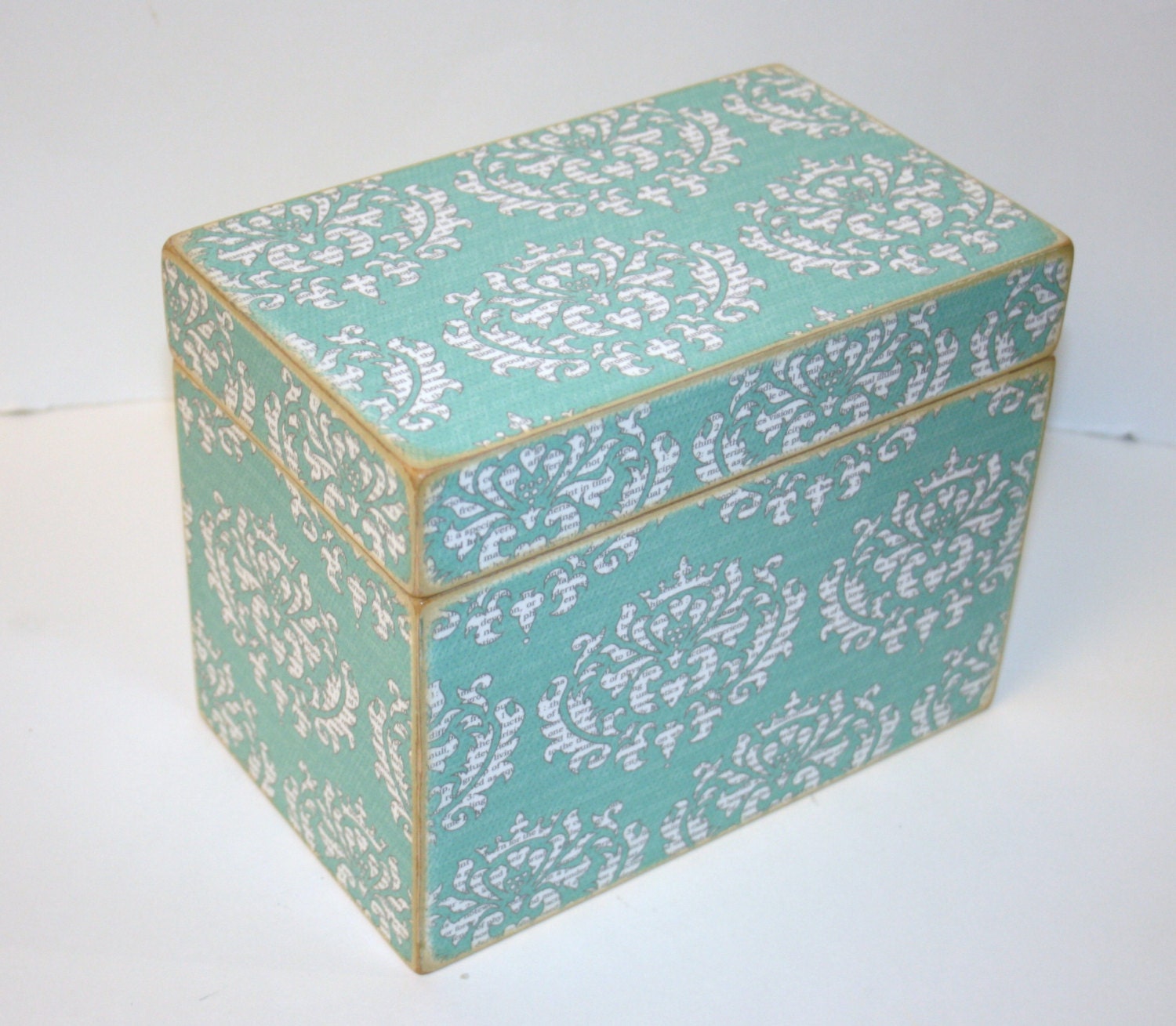 Recipe Box - Aqua Gray and White Damask Handmade 4x6 Wooden Recipe Box or Wedding Guest Book Box
