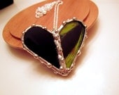 Real Butterfly Wing, Stained Glass Heart Pendant with Sterling Silver Necklace