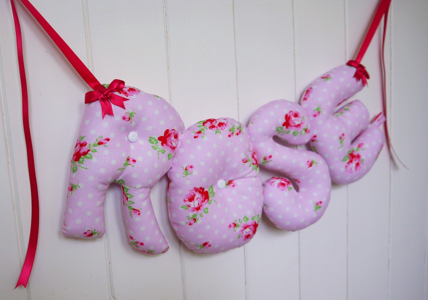 ROSE - Personalized Baby name wall hanging, kids nursery decor. Perfect Christening gift for a new baby girl. Pink Polkadot roses.