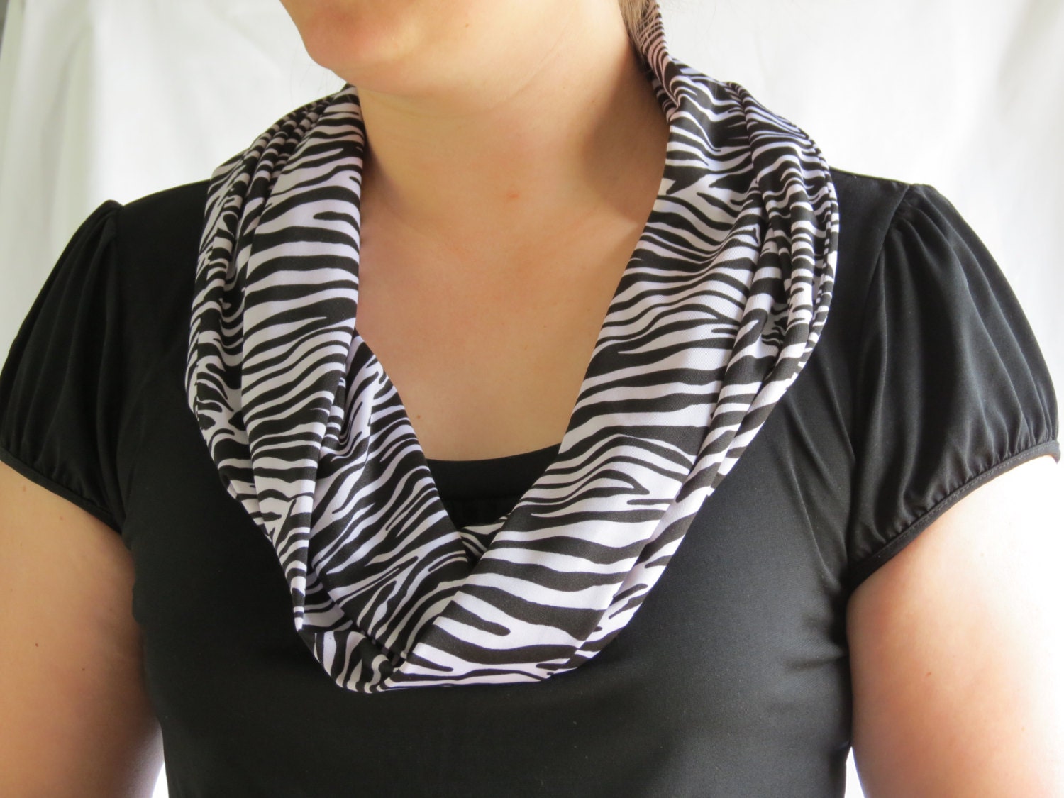 Zebra Infinity Scarf - Silky & Lightweight - Black and White - Fashion - Handmade - Ready to Ship