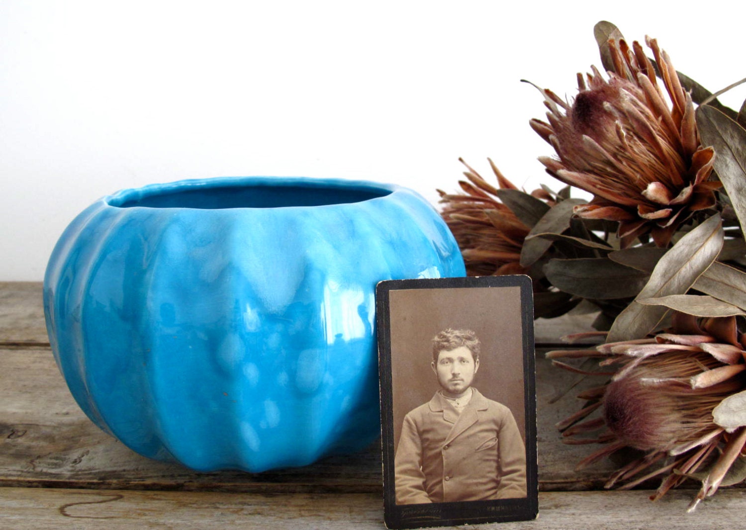 Vintage Blue Flower Pot - Mid Century German Plant Pot - Turquoise Ceramic Planter