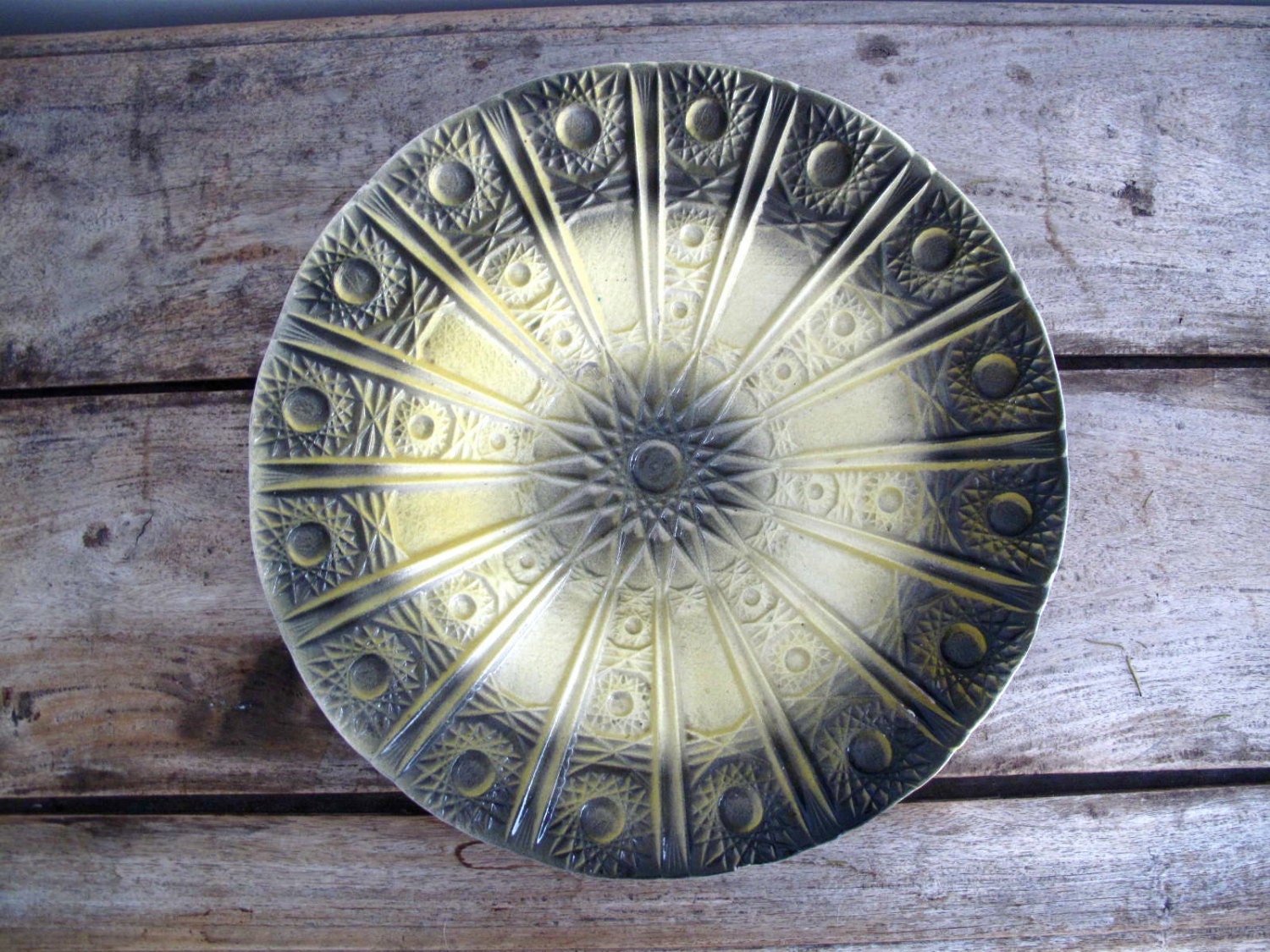 Vintage Art Deco Ceramic Plate - Art Deco Yellow and Gray Pottery - Embossed Serving Platter