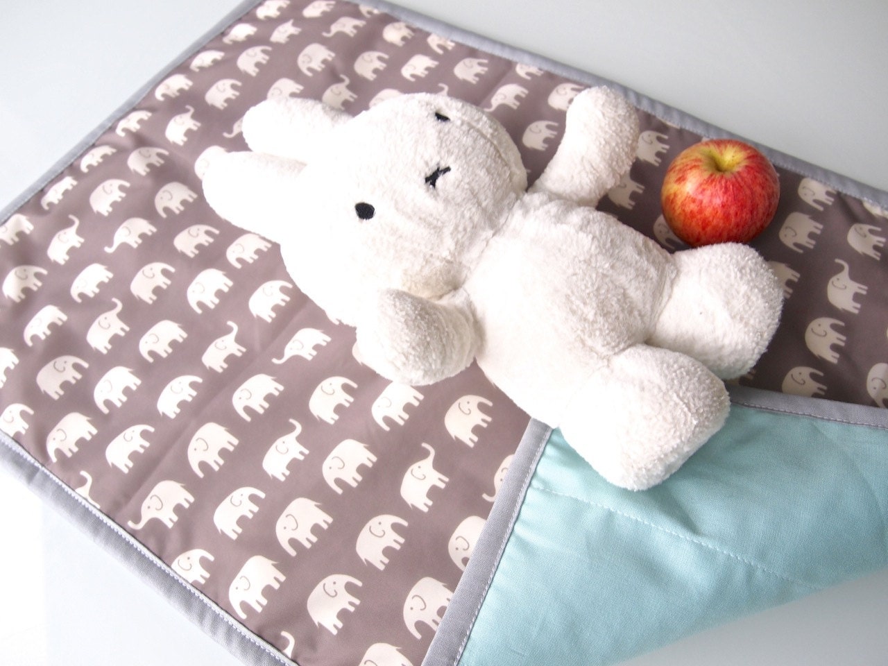 Made to Order: Portable Baby Change Pad / Change Mat with Organic Cotton and Waterproof Nylon (Grey Elephant and Light Blue)