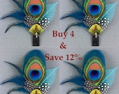 Peacock Wedding Fascinators, Bridesmaids Hairclips, Bridal Accessories, Feather Broaches or Men Boutonniere Pins, PLUTORIA 4 Pieces