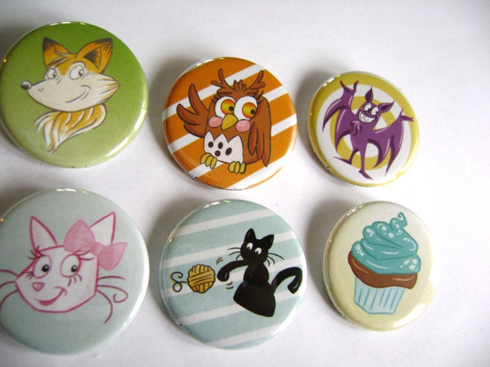 Cute Funny Pinback Buttons - Set of 3 1.25" - Childrens Animals Cartoons Illustration Designs
