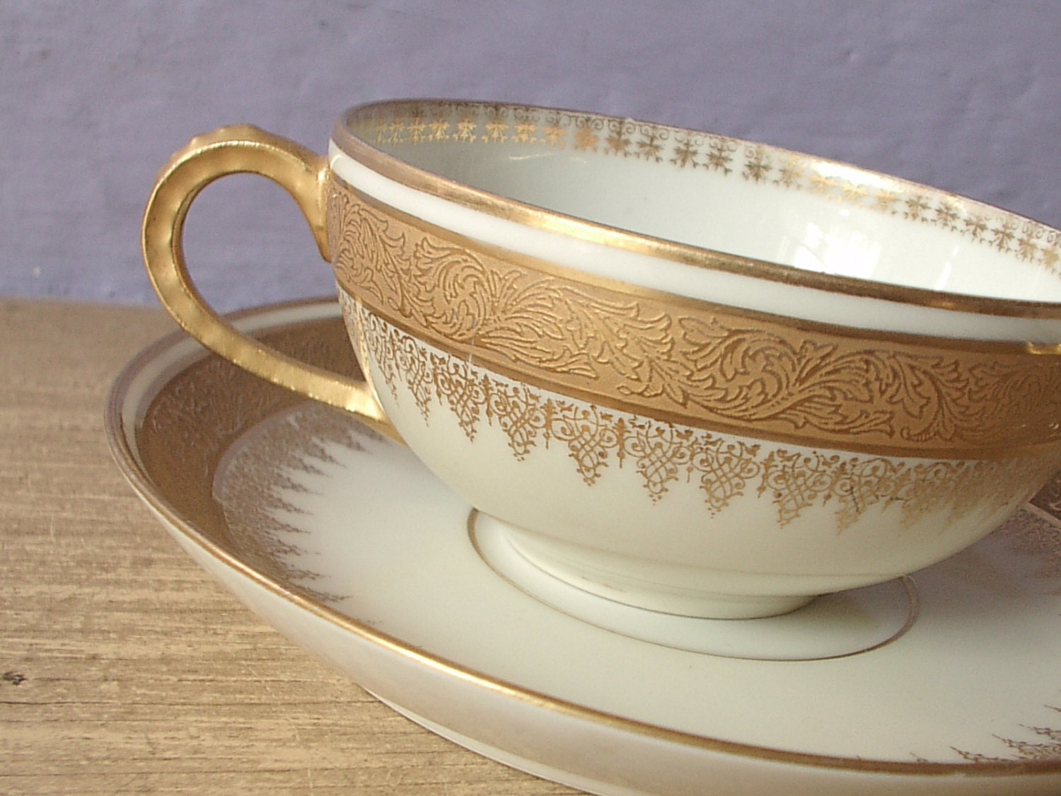 antique Limoges France tea cup and saucer set, Martial Redon gold tea cup set, antique tea set