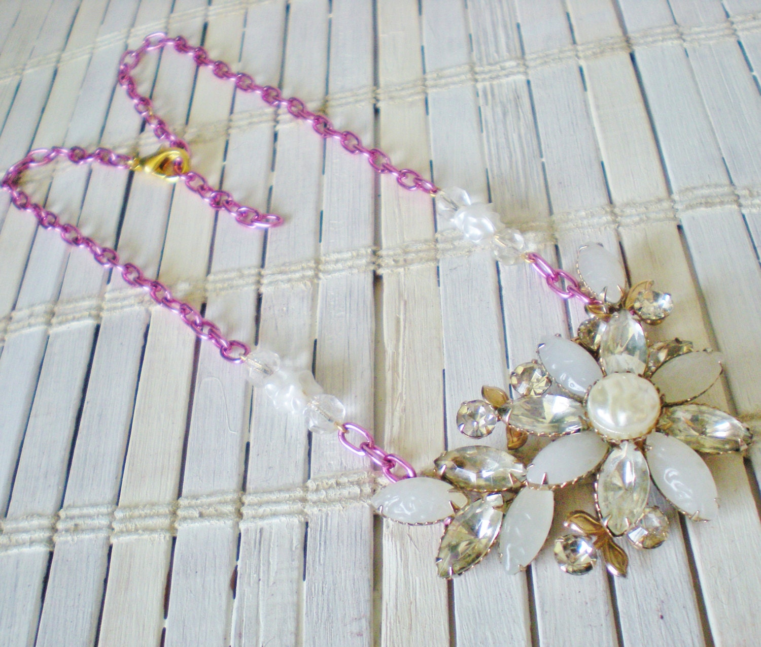 Milk Glass Rhinestones  / Eco Friendly  / Statement Necklace