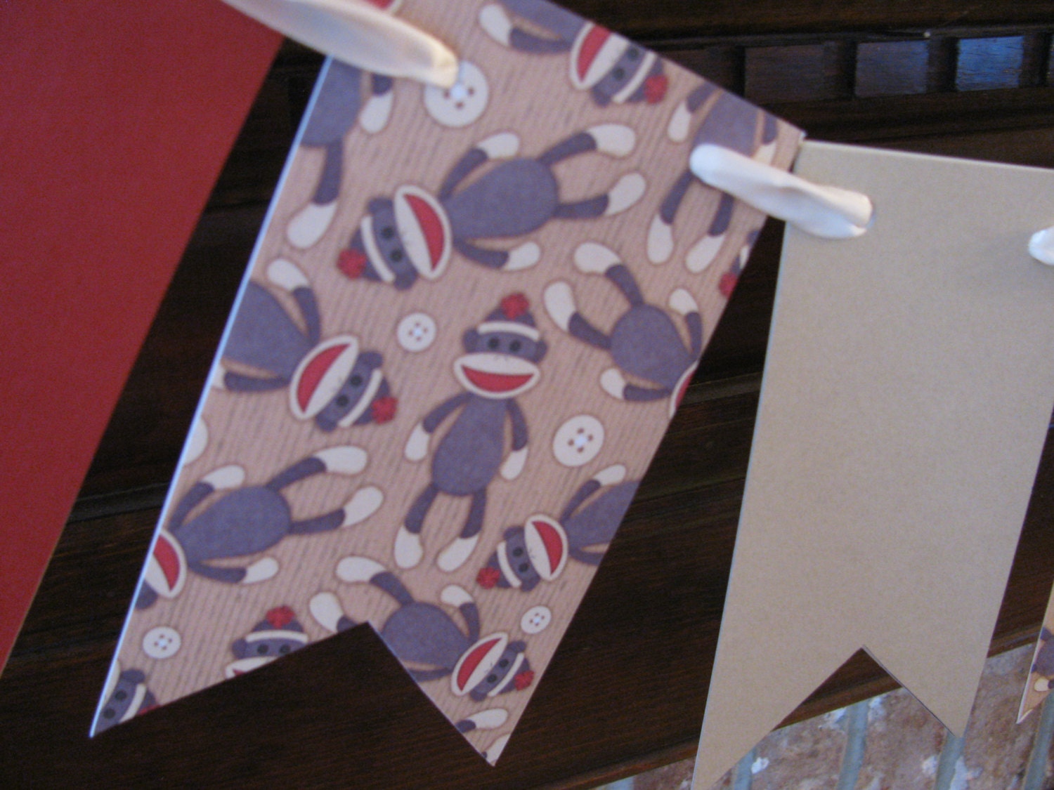 Sock Monkey Banner, Pennant, Garland, Handmade Birthday Party, Baby Shower, Nursery Decor, Cute Photo Prop