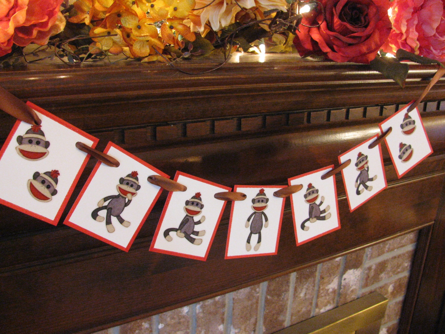 Sock Monkey Mini Garland Brown Red Sock Monkey Mini Banner Bunting Nursery or Birthday Party Decoration