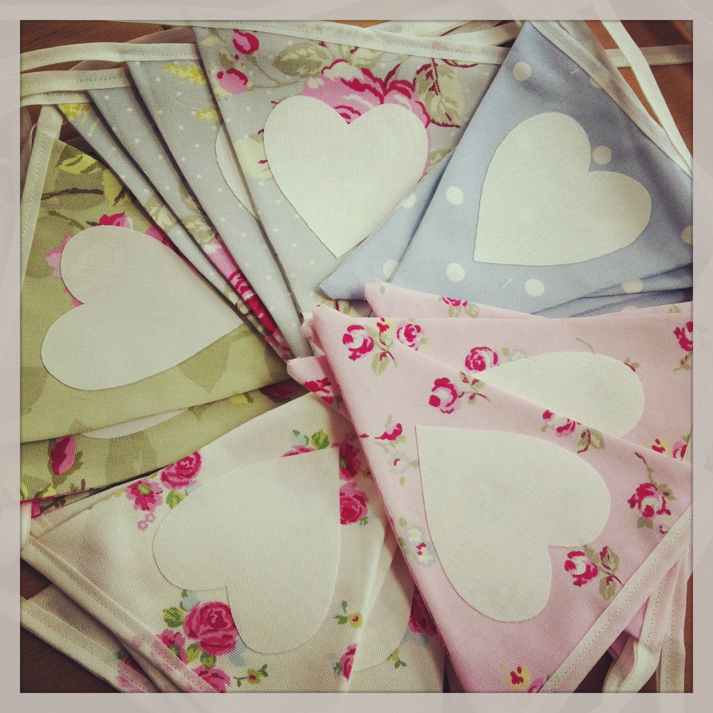 8 X Wedding Chair Back Bunting in vintage style fabrics, with Heart place name