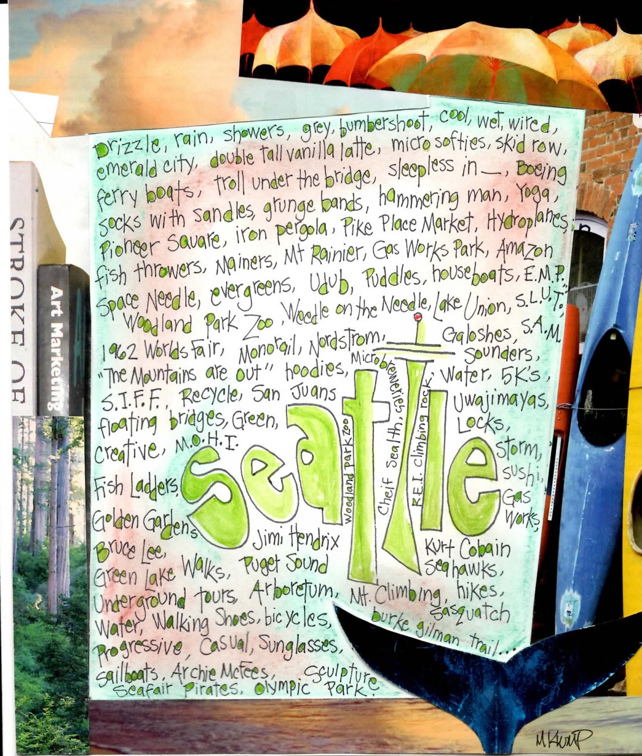 SEATTLE... a Limited Edition, Mixed Media Print by Mary Klump, Pike Place Market, Puget Sound, Sasquach etc.