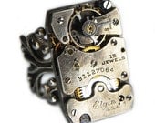 Women's STEAMPUNK Ring Jewelry - Watch Movement TORCH SOLDERED - Vintage 1928 Elgin w/ Elegant Antique Silver Band