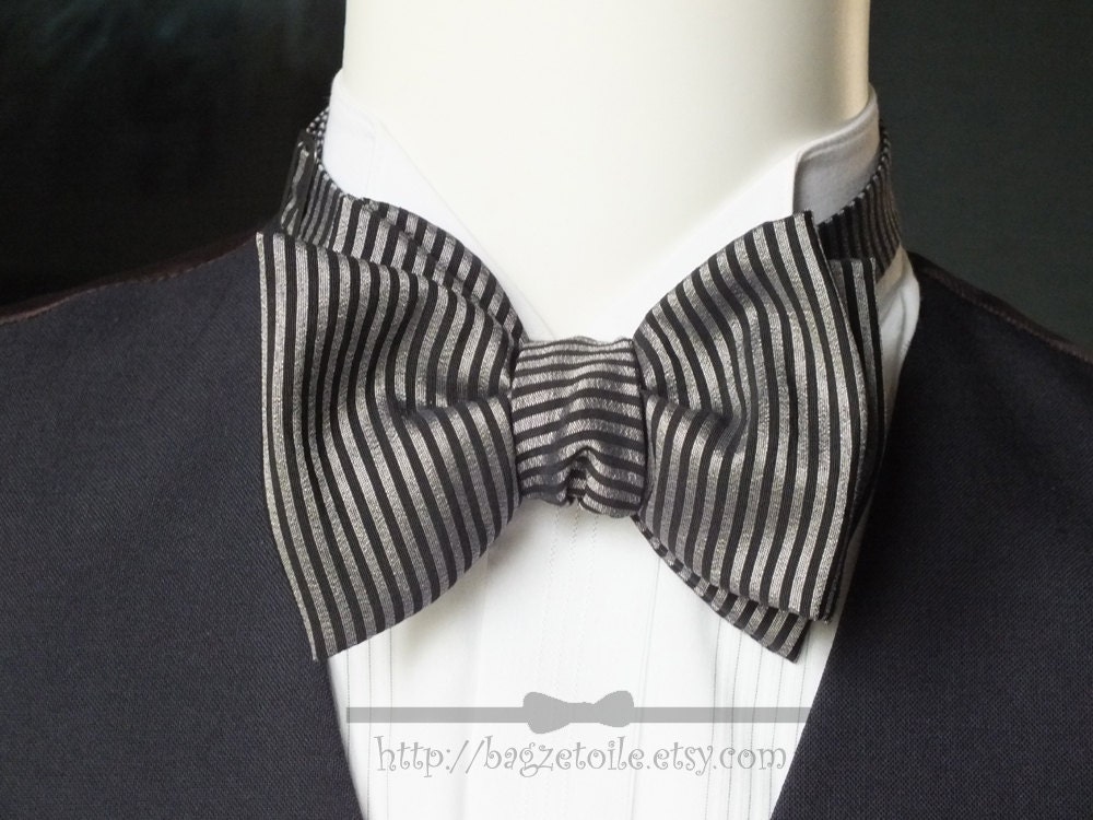 the BIG Bow Tie - silver and blue stripe - I make freestyle bow ties for men / bowtie for him, self tie men's bowtie.