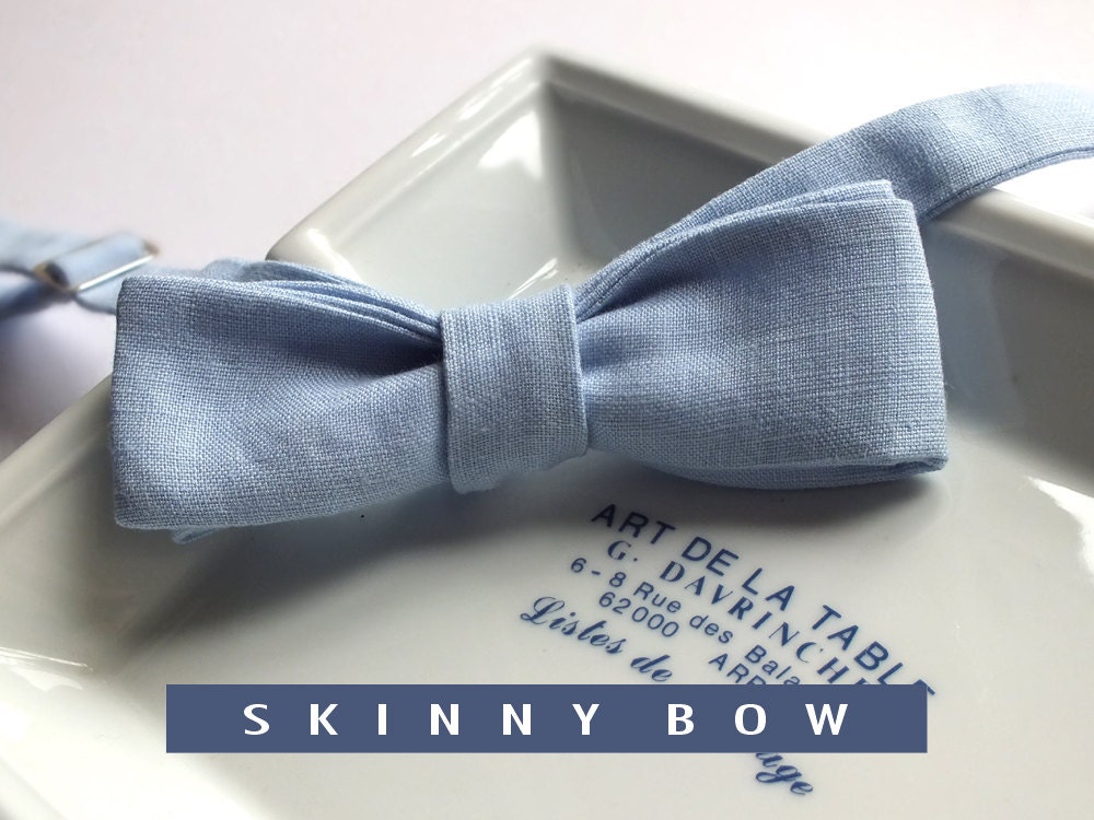 Linen Bow Tie, light blue, skinny style, freestyle, self tie bowtie for men.