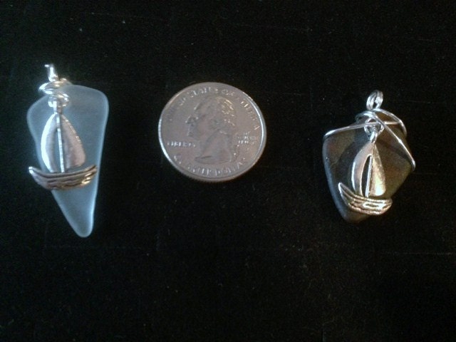 Wire Wrapped Sail Boat Sea Glass Pendant