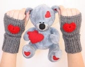 Fingerless Heart Gloves Knit Fingerless Mittens Red Heart Crochet Valentines Day Arm Warmers Gift For Her
