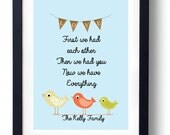Personalized Housewarming Gift Burlap Banner-New Mom Gift-First We Had Each other- Quote Art-  Bird Art