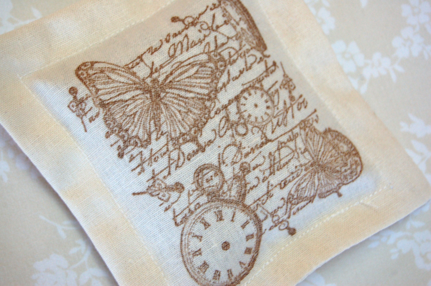Butterflies and Clocks w/ Old World Script, Lavender Sachet on Ivory Linen (Gifts under 10 dollars) Fresh Dried Lavender