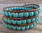 Triple Leather Wrap Bracelet - Turquoise Blue Magnesite on Distressed Brown Leather with Heart Button