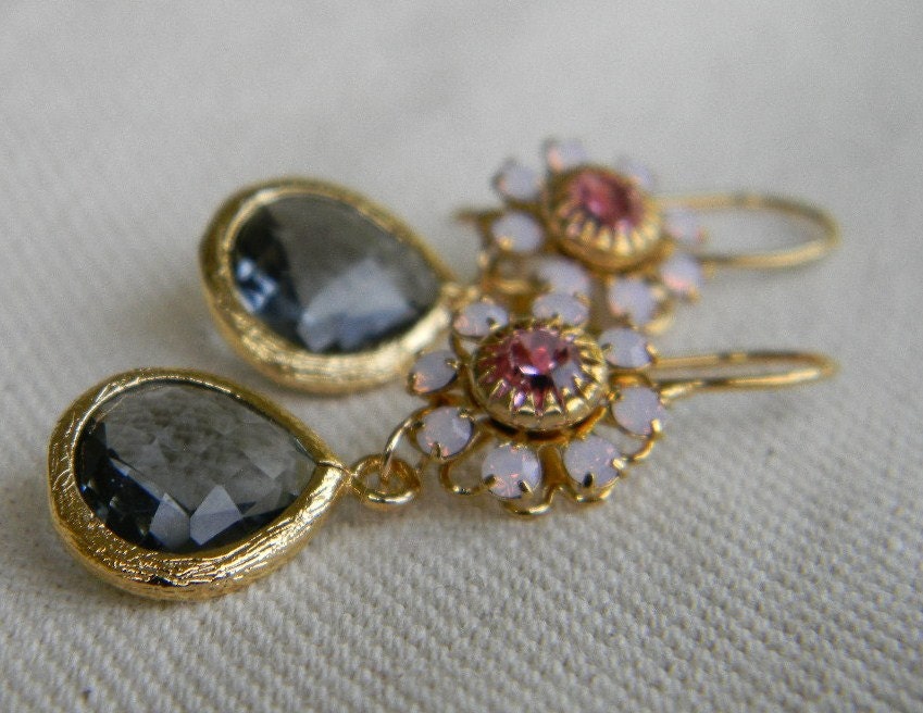 Charcoal Gray Earrings Pink Earrings Trimmed in Gold-Bridesmaid Earrings-Bridal Earring-Wedding
