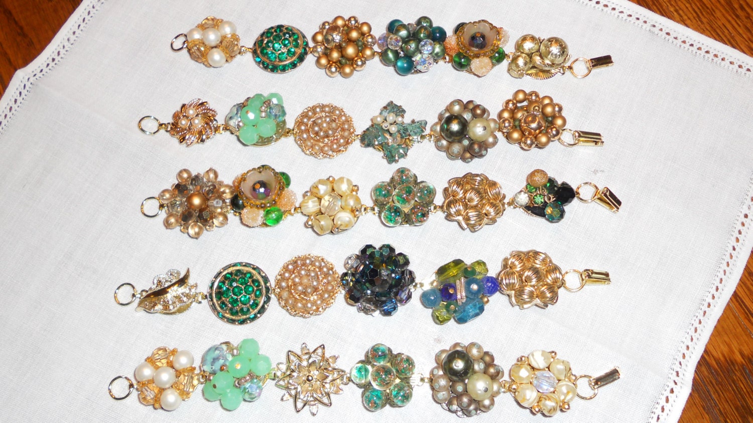 Bridesmaid gift 5 green gold vintage cluster beaded  earring bracelets