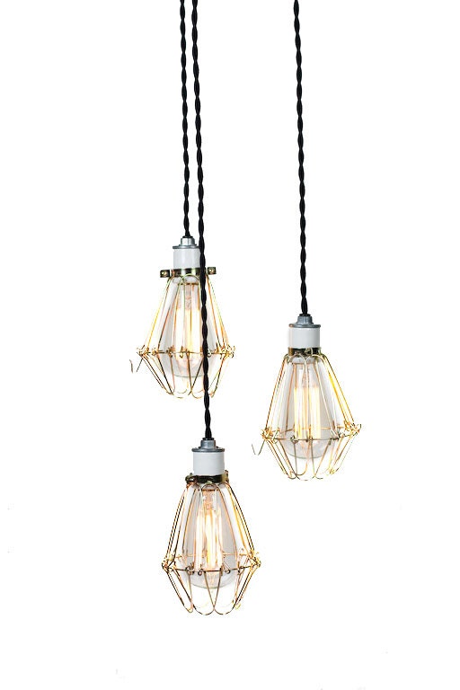 Modern Industrial Porcelain Socket Brass Caged 3 Light Chandelier