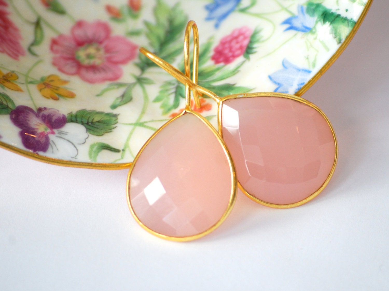 Rose Quartz Dangle Bezel Set Earrings